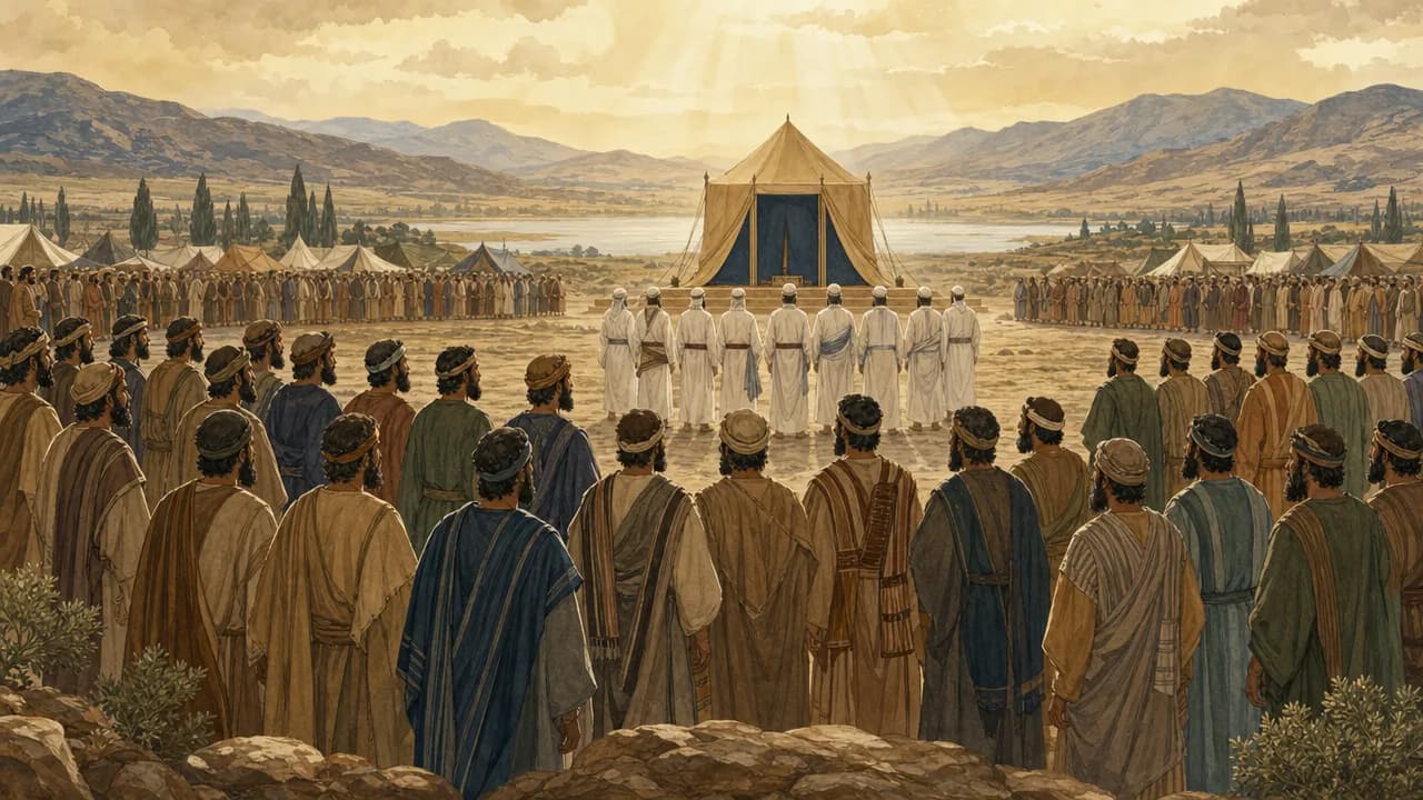 Orderly groups of men from various tribes gathered for a census around a central tent, with Levites set apart.