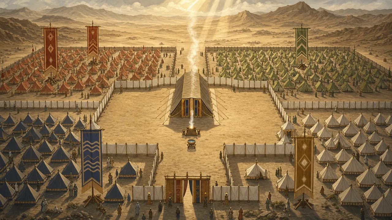 Square arrangement of tribal tents surrounding a central sanctuary in the wilderness.