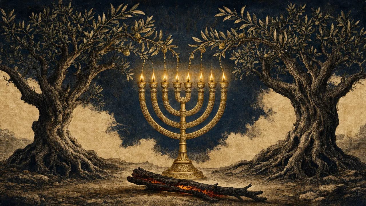 A stylized golden menorah with seven burning flames stands between two olive trees under a dark, textured sky, with a single charred branch at its base.
