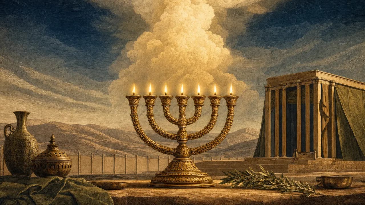 A stylized golden seven-branched Menorah glowing softly in the foreground, with a gentle pillar of cloud rising into a deep blue sky in the background.