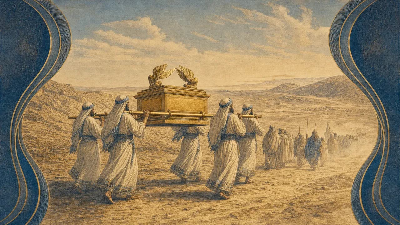 The golden Ark of the Covenant carried on poles through a vast desert, framed by abstract curved brackets on either side of the image.