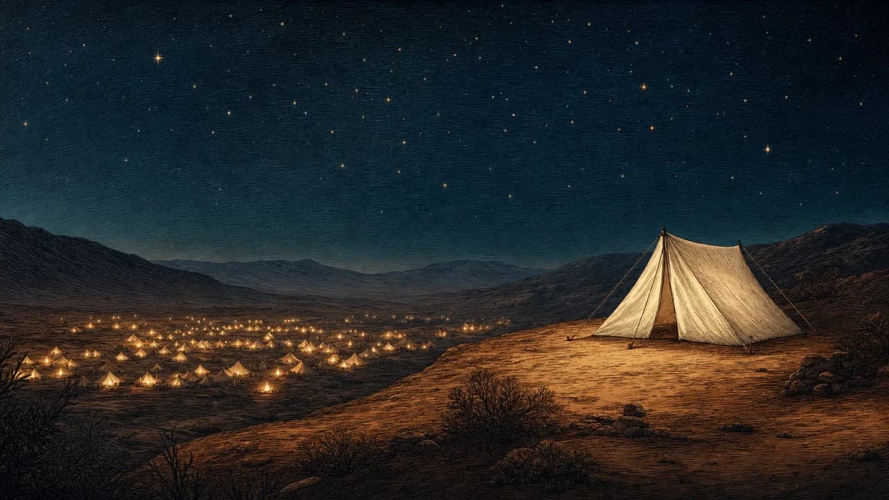 A single tent stands quietly on a hill under a starry night sky, with the soft lights of a larger camp waiting in the valley below.