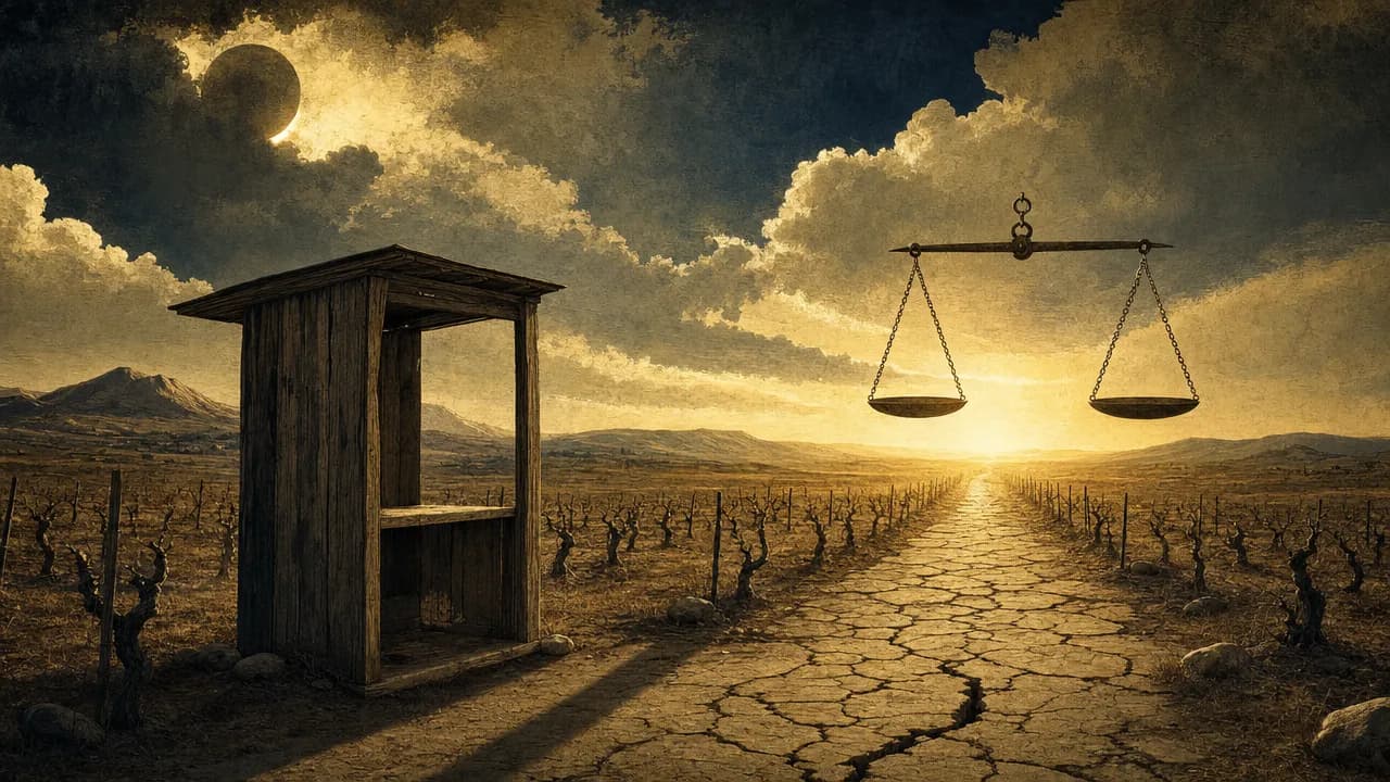 A stark, symbolic landscape featuring an empty wooden booth in a dry vineyard under a dramatic sky, with a balanced scale hanging in the foreground and a golden horizon in the distance.