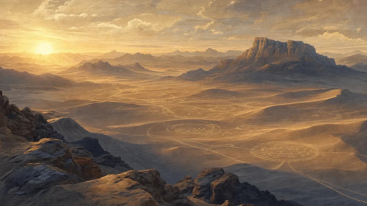 An editorial illustration of a quiet desert landscape at dawn with faint, glowing outlines of ancient pathways etched into the sand.