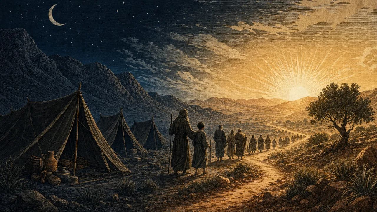 A symbolic illustration showing dark tents on the left and a bright, golden sunrise over a path on the right.