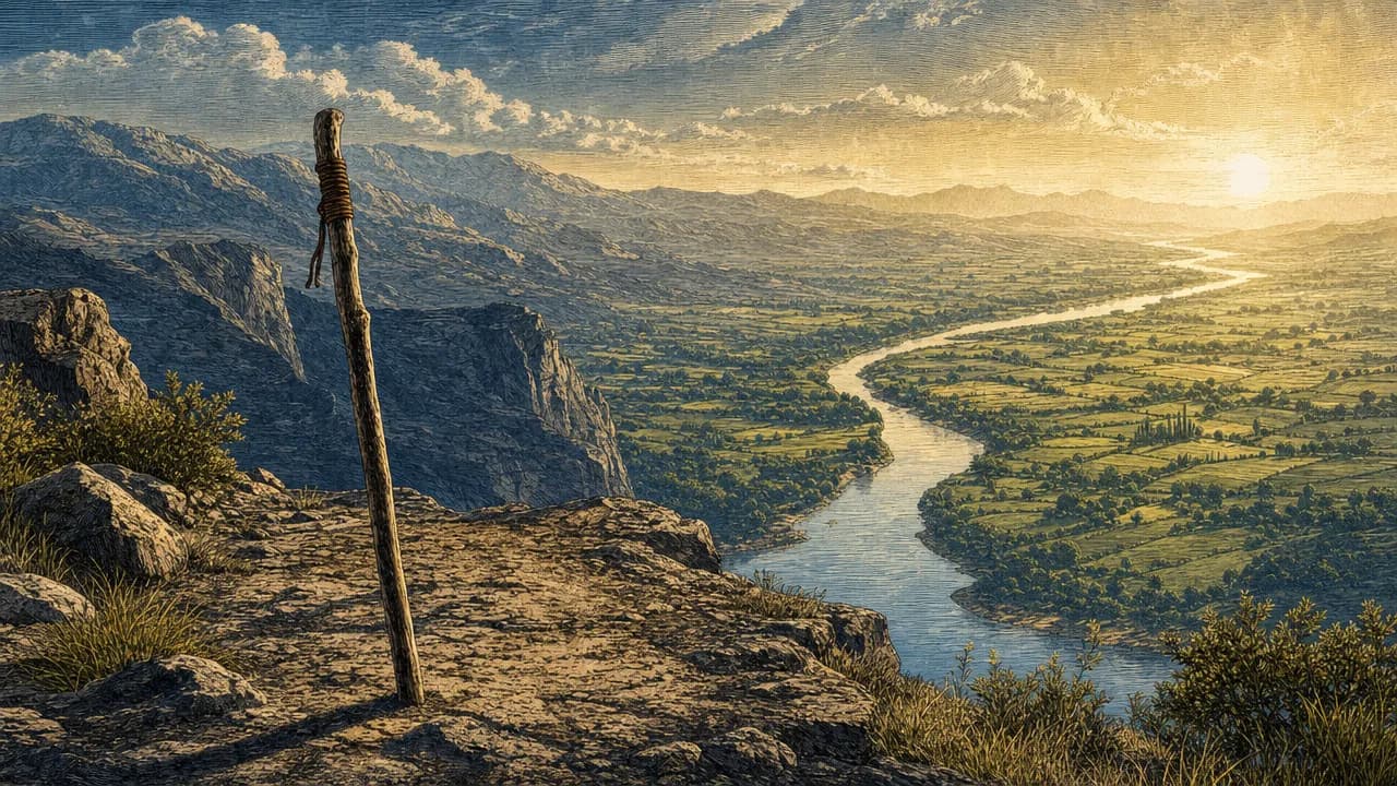 An illustration of a wooden staff on a rocky cliff overlooking a winding river and a sunlit valley in the distance.
