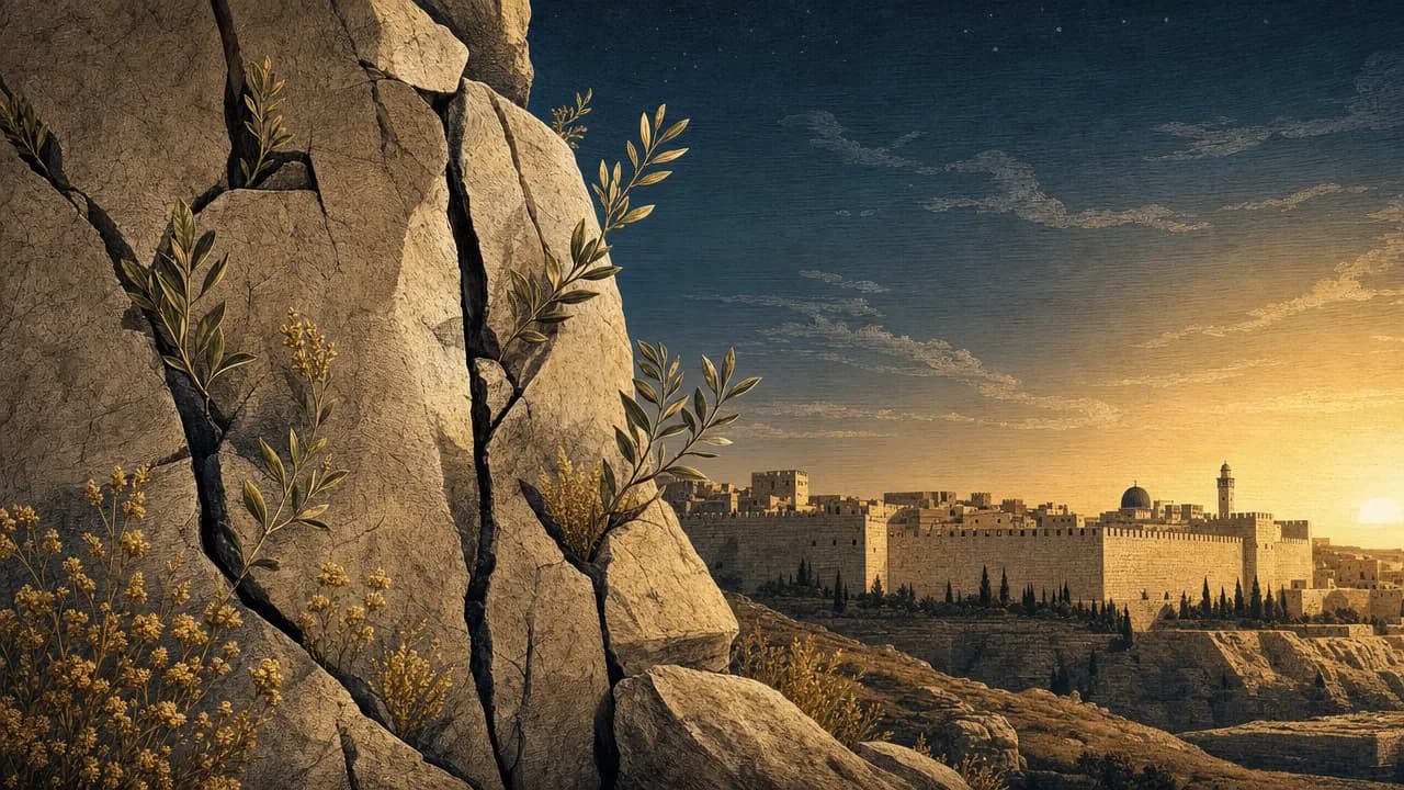 A stylized editorial illustration of a massive, textured stone quarry with green olive shoots growing from its cracks, set against the distant silhouette of Jerusalem's walls under a golden dawn sky.