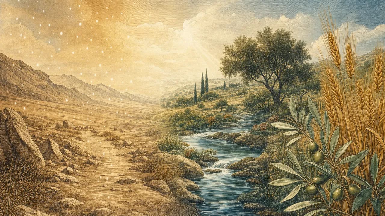 A stylized editorial illustration showing a dry desert path with falling manna on the left, transitioning into a fertile valley of golden wheat, olive trees, and a flowing stream on the right.