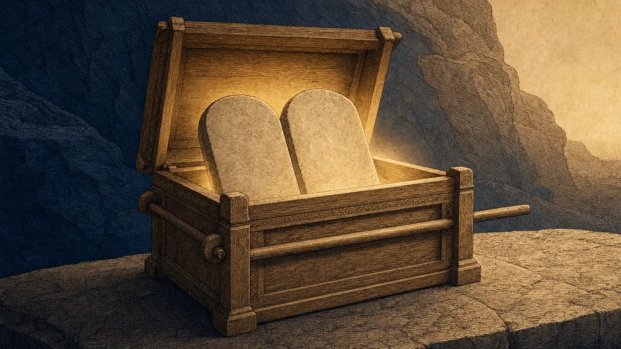 An editorial illustration of an open wooden chest containing two blank stone tablets, illuminated by a soft golden light on a textured stone background.