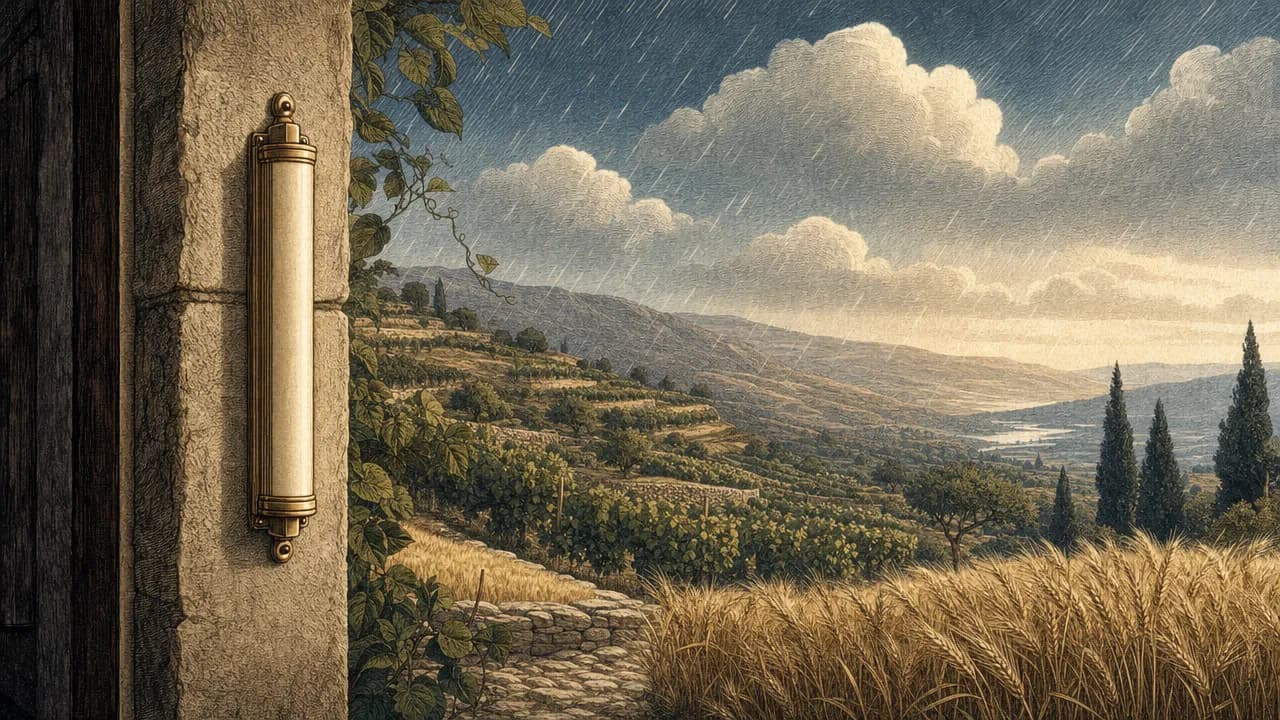 An editorial illustration of rain falling from stylized clouds onto terraced hills of grain and vines, with a simple stone doorpost holding a blank mezuzah in the foreground.