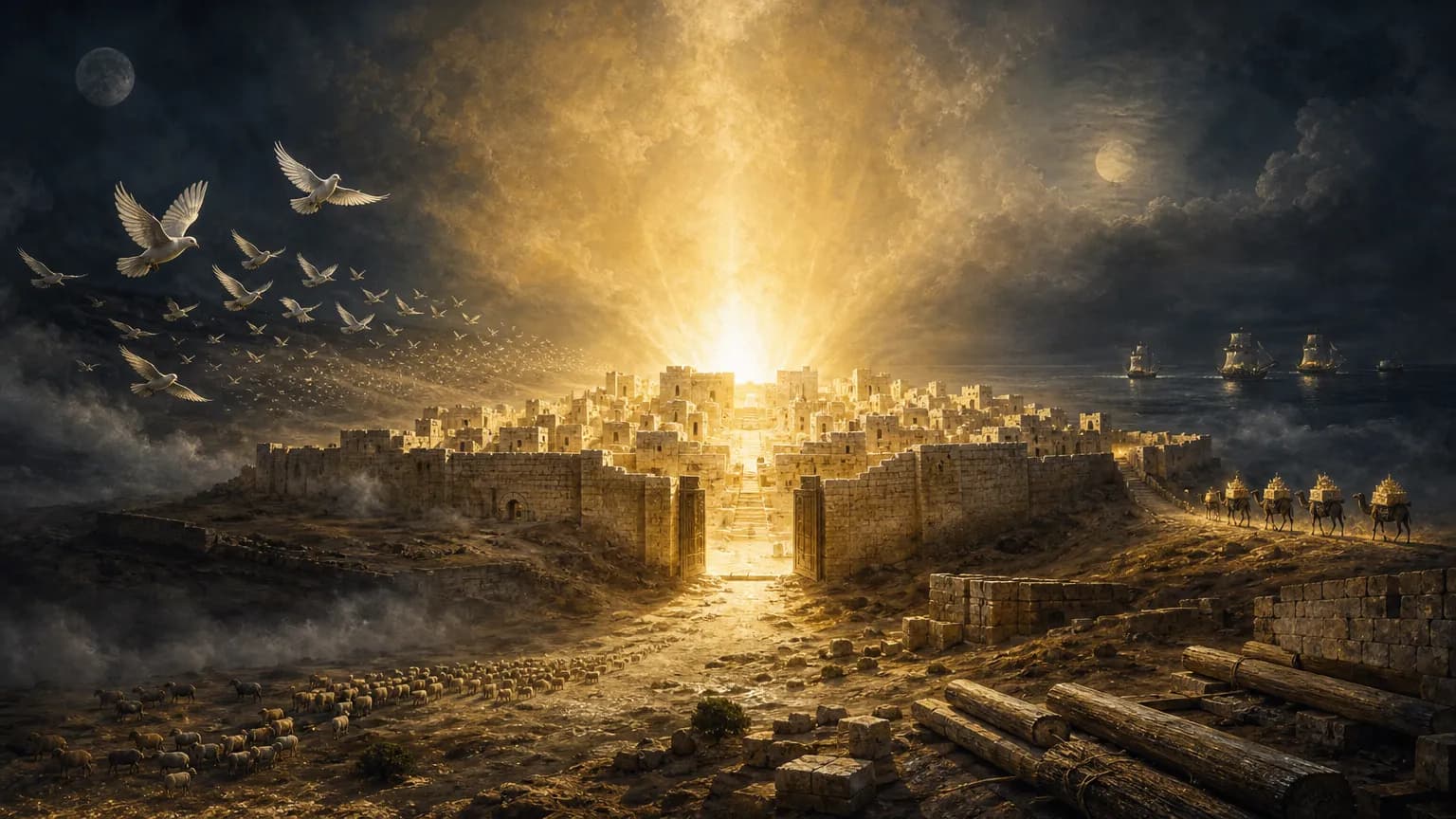 A ruined stone city on a hill glows from within with gold light while darkness and fog cover the land; a faint sun and moon recede as doves, camels, flocks, and distant ships approach open gates.