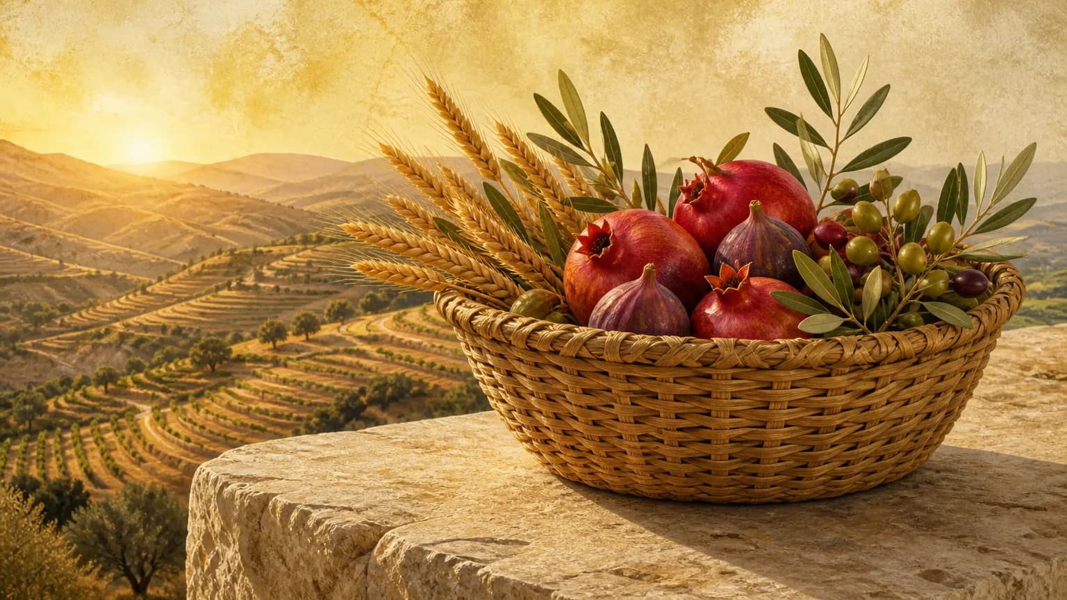 A woven reed basket filled with pomegranates, figs, wheat stalks, and olive branches rests on a smooth stone slab overlooking terraced hills in soft morning light.