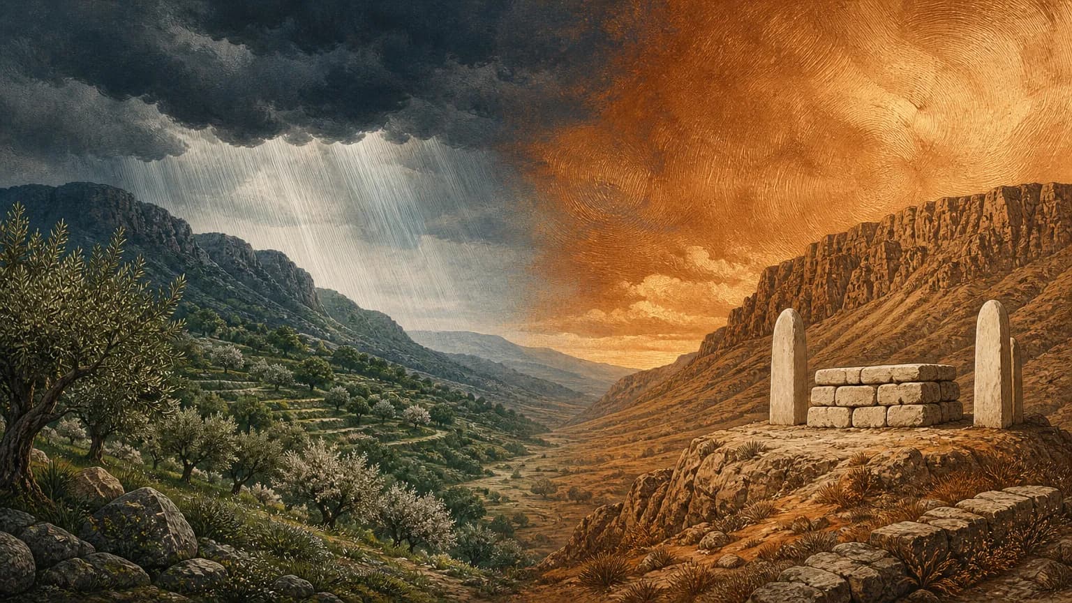 Two facing mountain ridges with an unhewn stone altar, where one hillside flourishes under gentle rain while the other sits beneath a copper-toned sky.