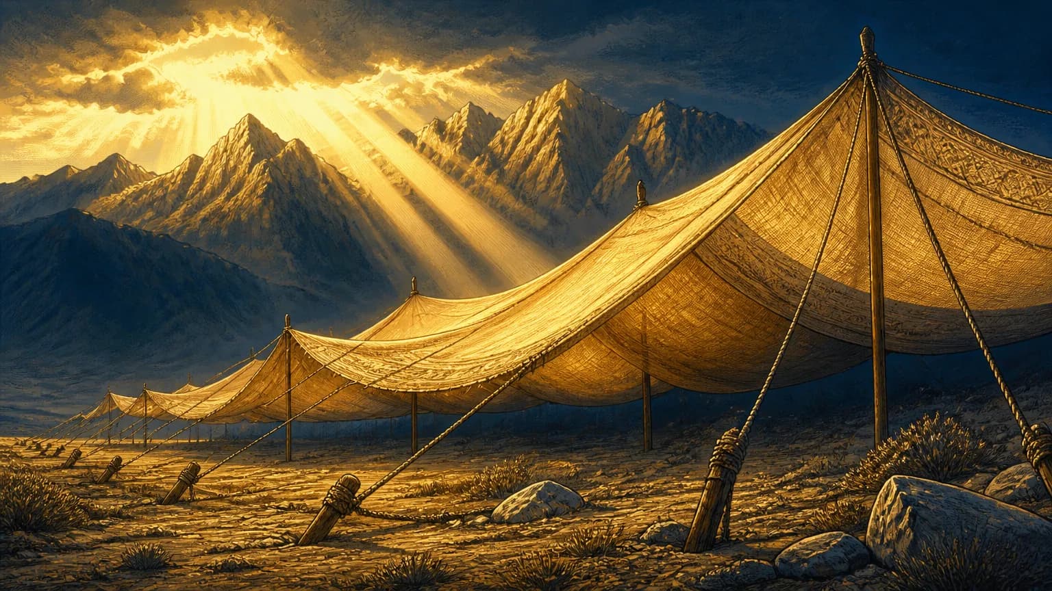 An expansive woven tent canopy stretches across a stony landscape with taut ropes and stakes, set before enduring mountains under a dramatic dawn sky.