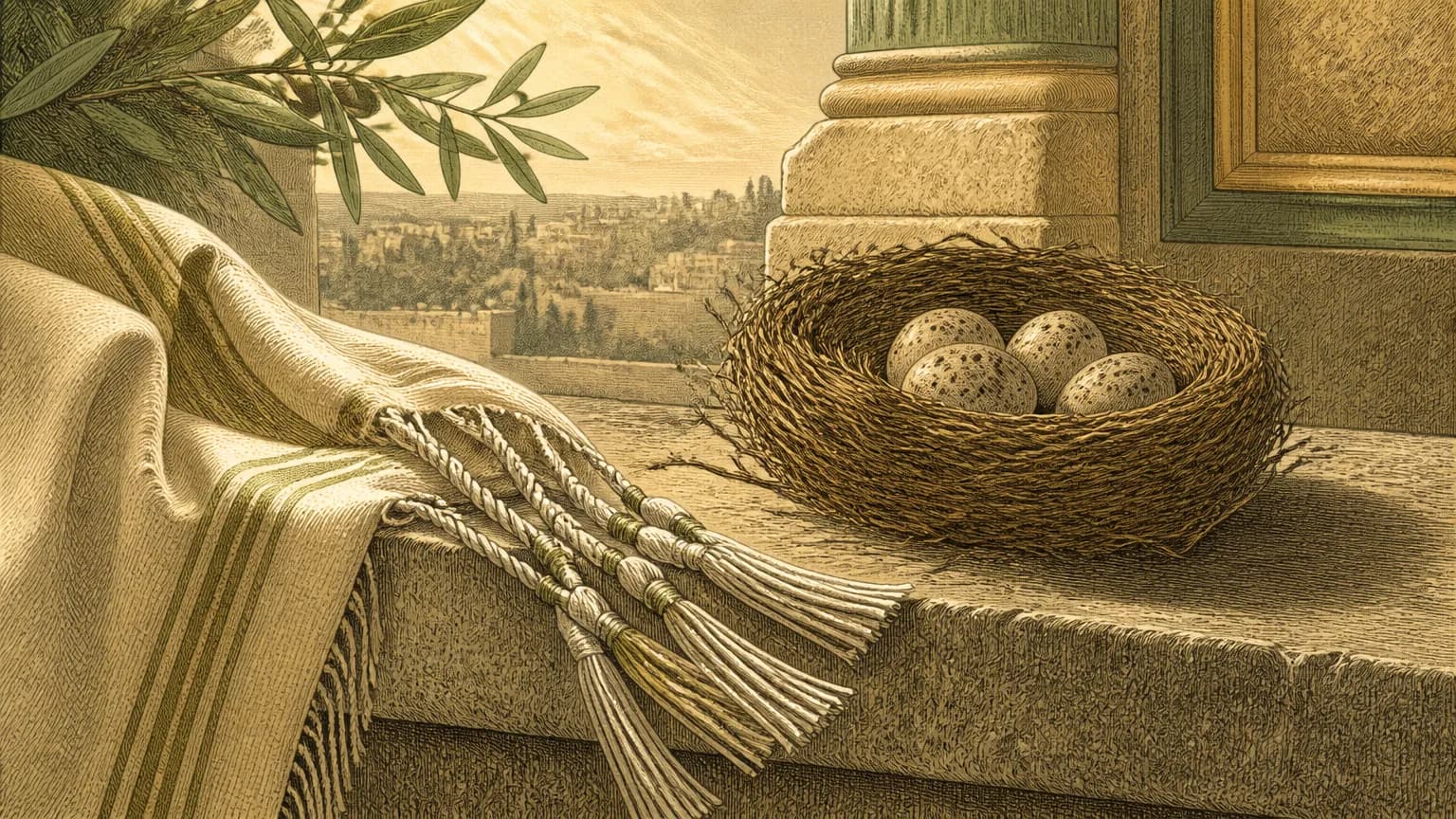 Engraving-style illustration of a bird's nest resting beside a stone parapet, draped with woven fabric and fringes in an earth-toned palette.