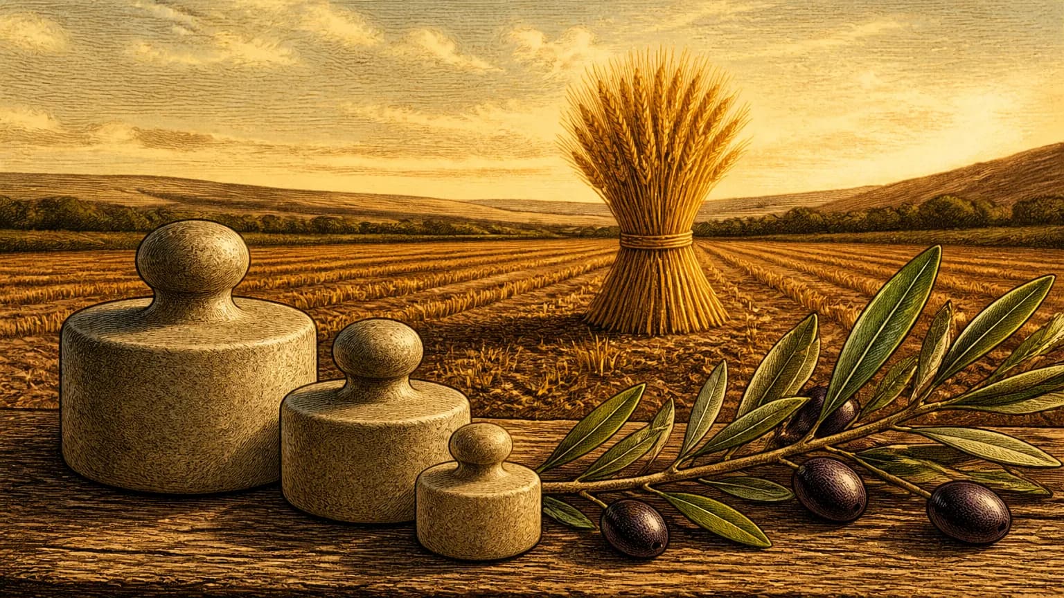 Editorial illustration of a solitary wheat sheaf standing in a harvested field beside smooth stone weights and an olive branch.