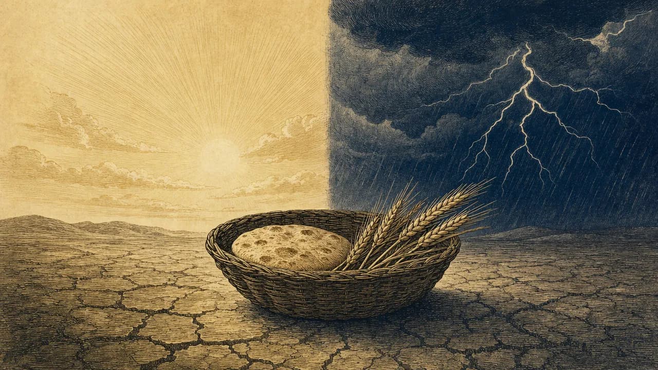 An editorial engraving of a woven basket with bread and wheat on cracked earth, under a sky split between golden morning light and a dark indigo rainstorm.
