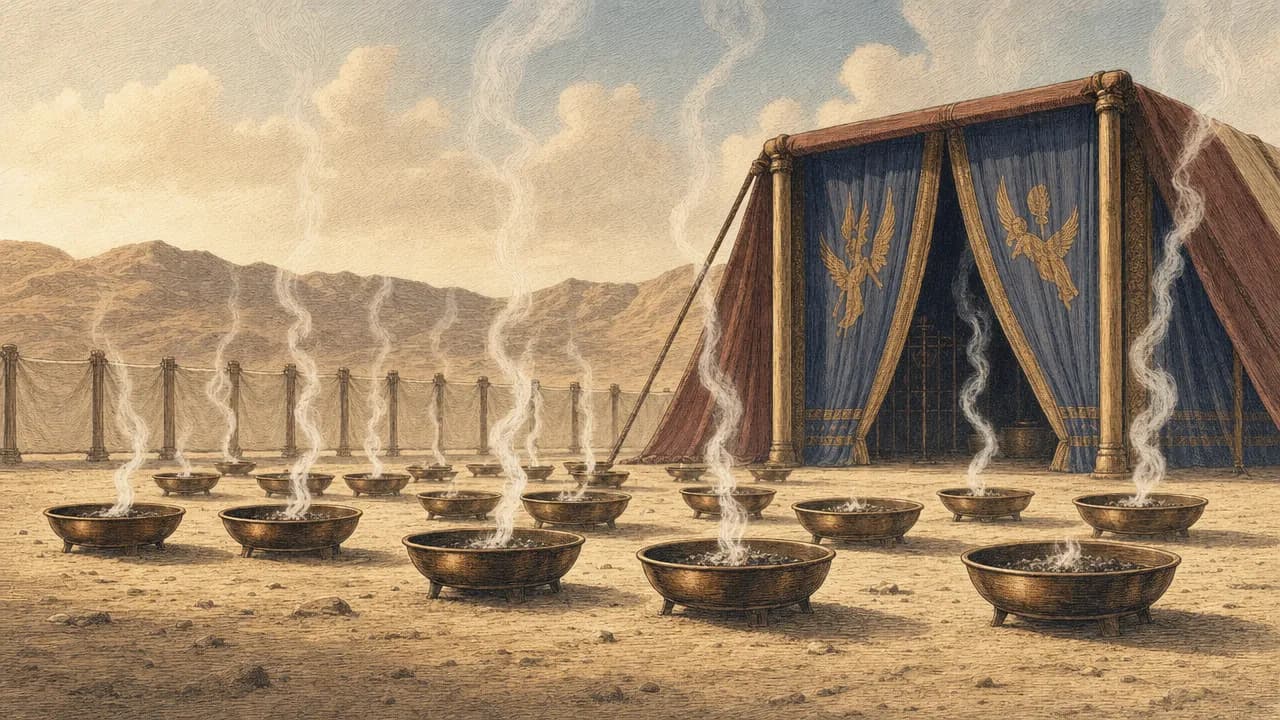 An editorial illustration of multiple bronze fire pans on the sand with thin trails of smoke rising, set against the soft fabric background of the Tabernacle.