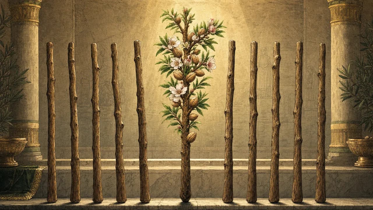 An editorial illustration of twelve wooden staffs, with only one central staff miraculously blooming with green leaves, white blossoms, and almonds.