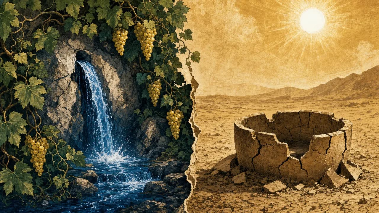 A split illustration showing a flowing blue fountain next to a green vine on the left, and a cracked, empty clay cistern in a dry desert on the right.