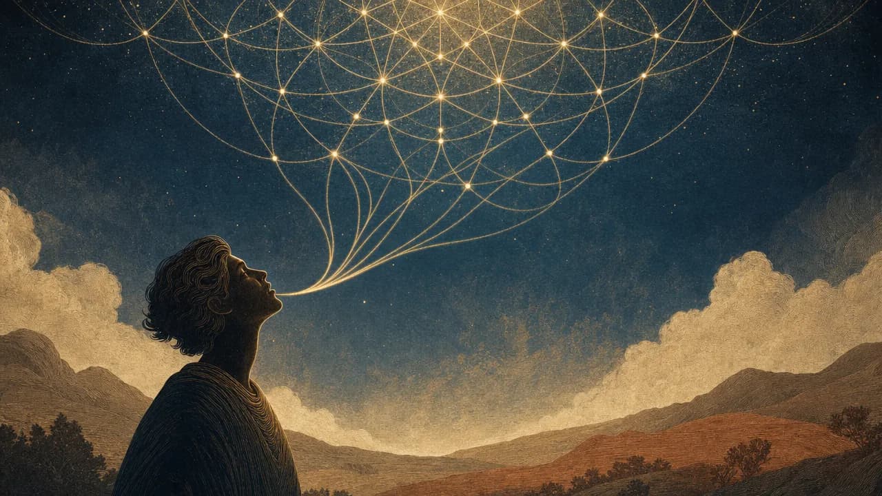 An editorial illustration showing a stylized silhouette of a person with golden threads of light rising from their mouth to form a woven pattern against a starry night sky.