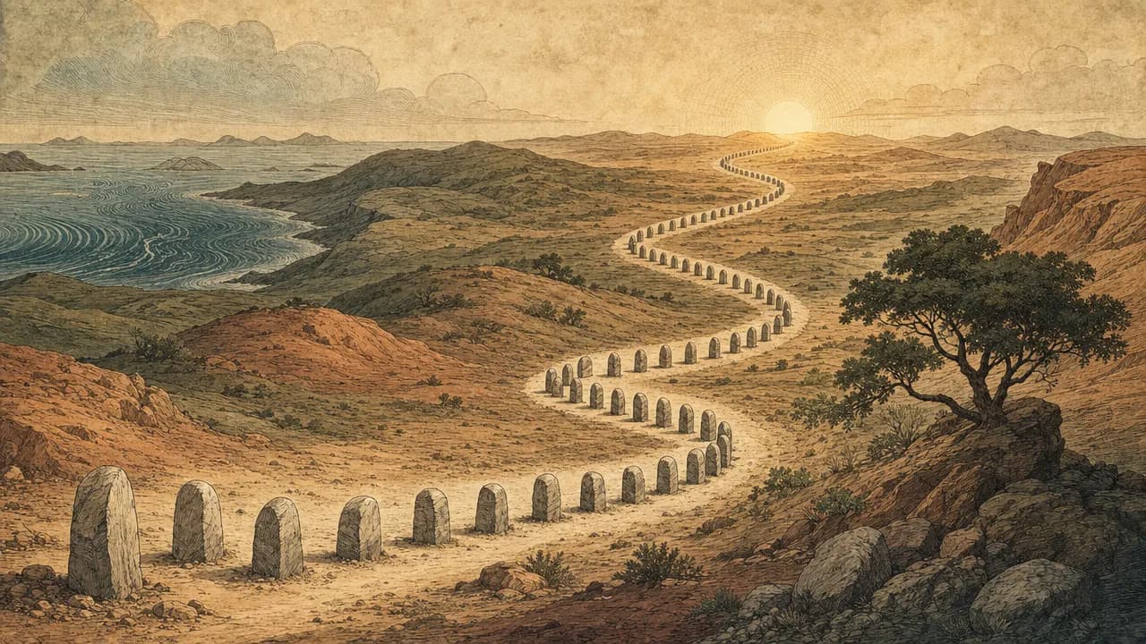 An editorial illustration of a stylized parchment map showing a winding path of forty-two stone markers stretching across a desert landscape toward a golden horizon.