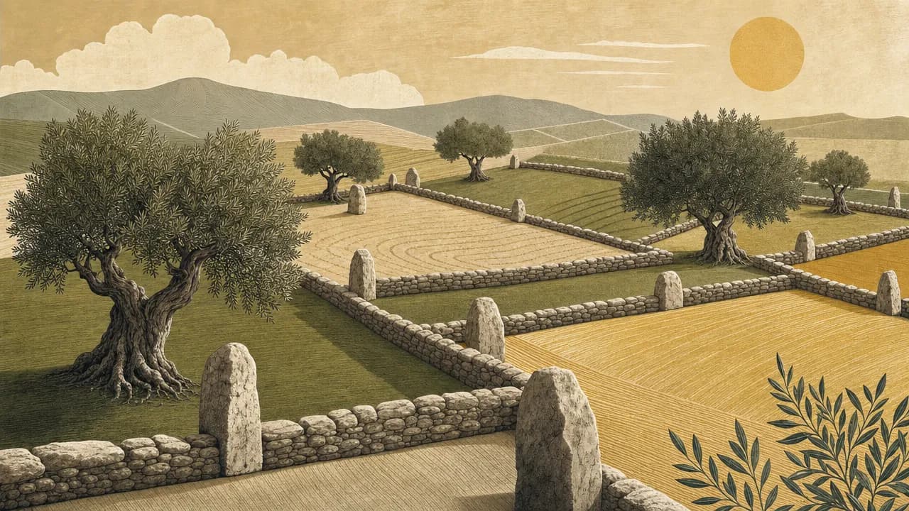 An editorial illustration of a stylized landscape divided into geometric plots of land with boundary stones and deeply rooted olive trees.