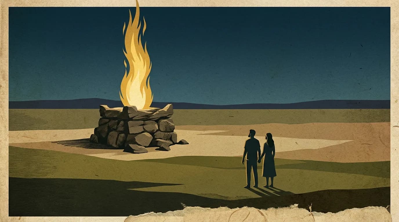 An editorial illustration of a stone altar in an open field under a twilight sky, with a bright golden flame ascending from the rock, and two silhouetted figures watching from a distance.