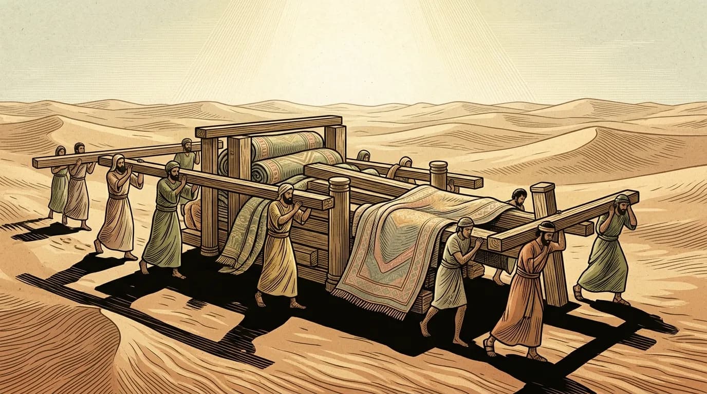 A stylized illustration of figures carrying wooden beams and folded textiles across a desert landscape under a soft golden sky.