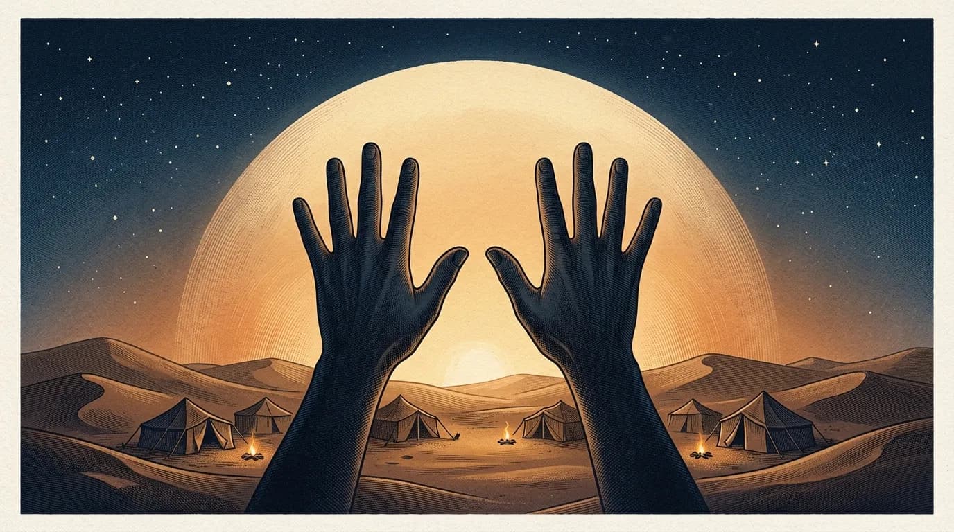 Stylized hands raised in blessing, casting a warm golden light over a quiet desert camp under a starry night sky.