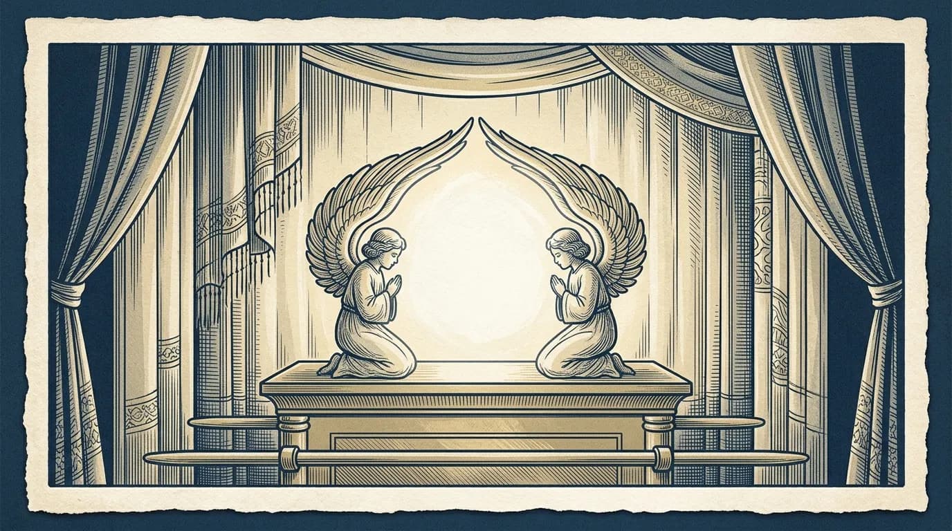 The golden Ark of the Covenant inside a dimly lit sanctuary, with a soft light glowing between the wings of the cherubim.