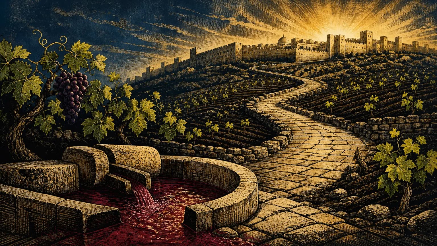 An ancient stone highway winds past terraced vineyards and a carved winepress toward sunlit ramparts illuminated by a blazing torch-like dawn.