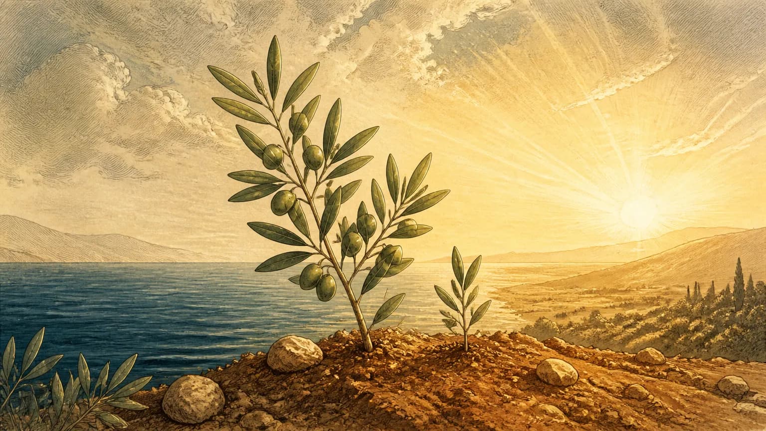 An editorial engraving of a green olive sapling growing on clay earth with an open sea horizon and soft golden sky.