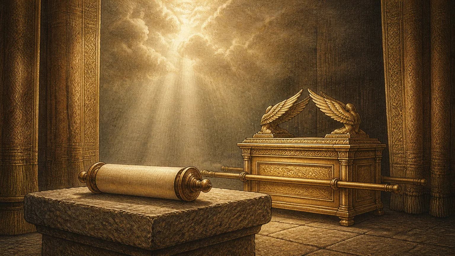 An editorial engraving of a rolled parchment scroll resting beside the Ark of the Covenant under a pillar of luminous cloud.