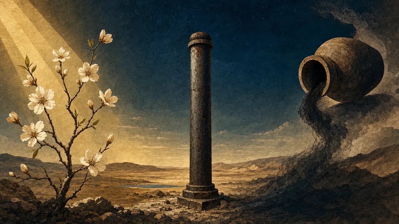 An editorial illustration featuring a blooming almond branch bathed in golden light next to a strong iron pillar, while a tilted clay pot on the right casts a shadow over a vast desert landscape.