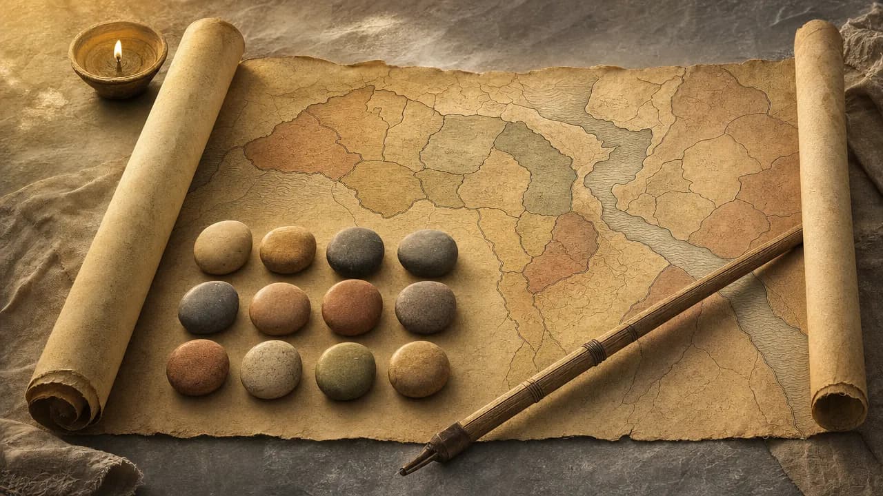 An editorial illustration of an ancient parchment map showing symbolic land divisions, with twelve smooth stones and a wooden measuring rod.