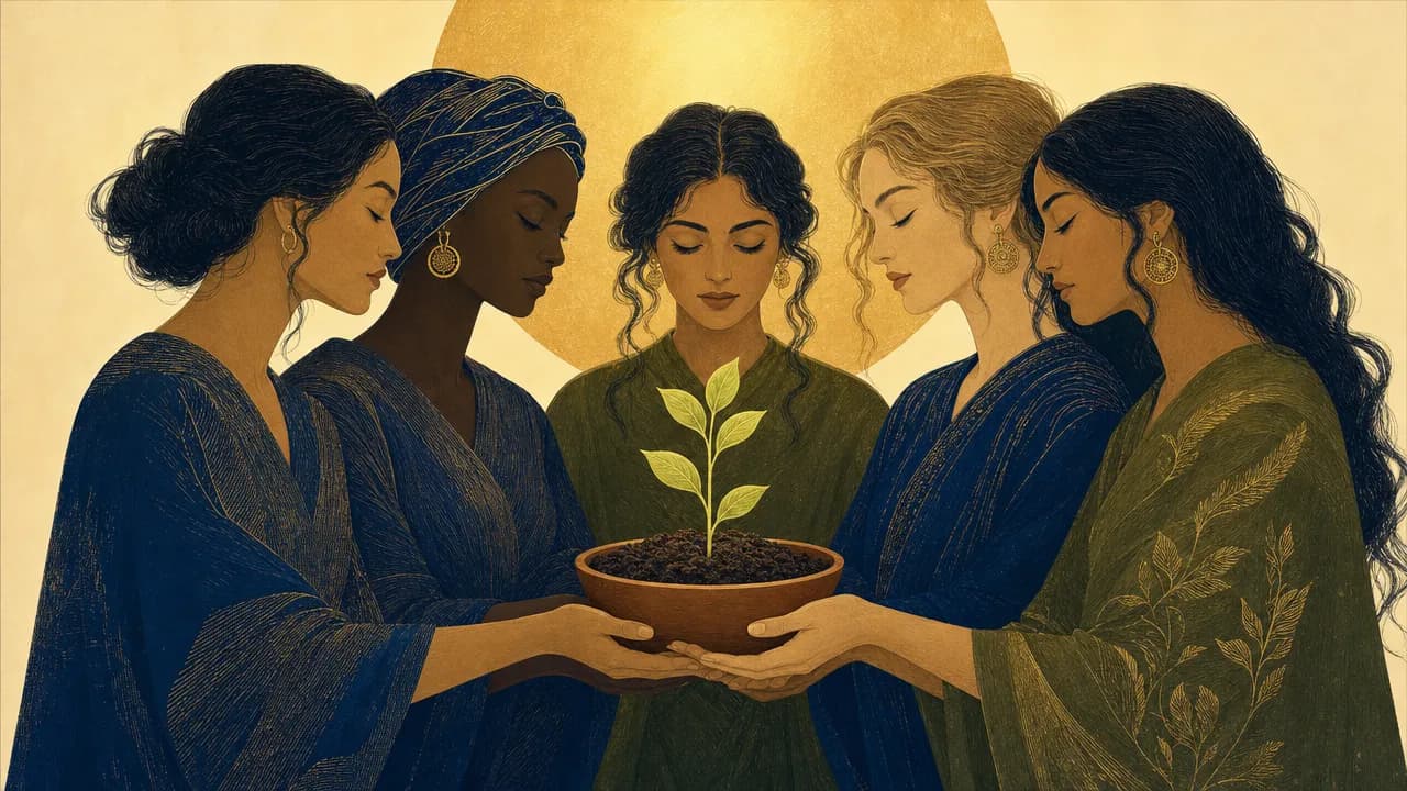 An editorial illustration of five stylized female silhouettes holding a clay bowl of soil with a single green sprout growing from it.