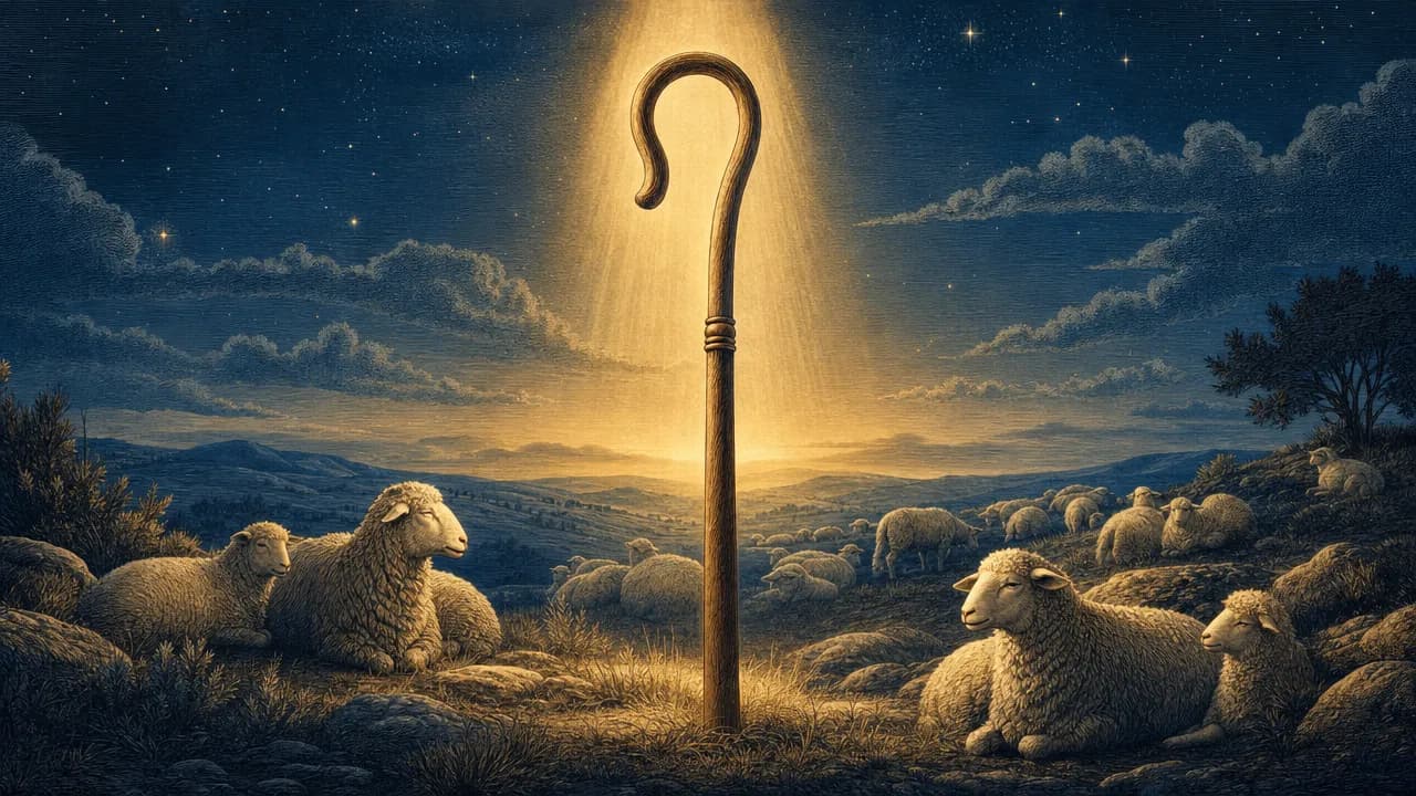 An editorial illustration of a wooden shepherd's staff illuminated by a beam of light, with a peaceful flock of sheep resting in the background.