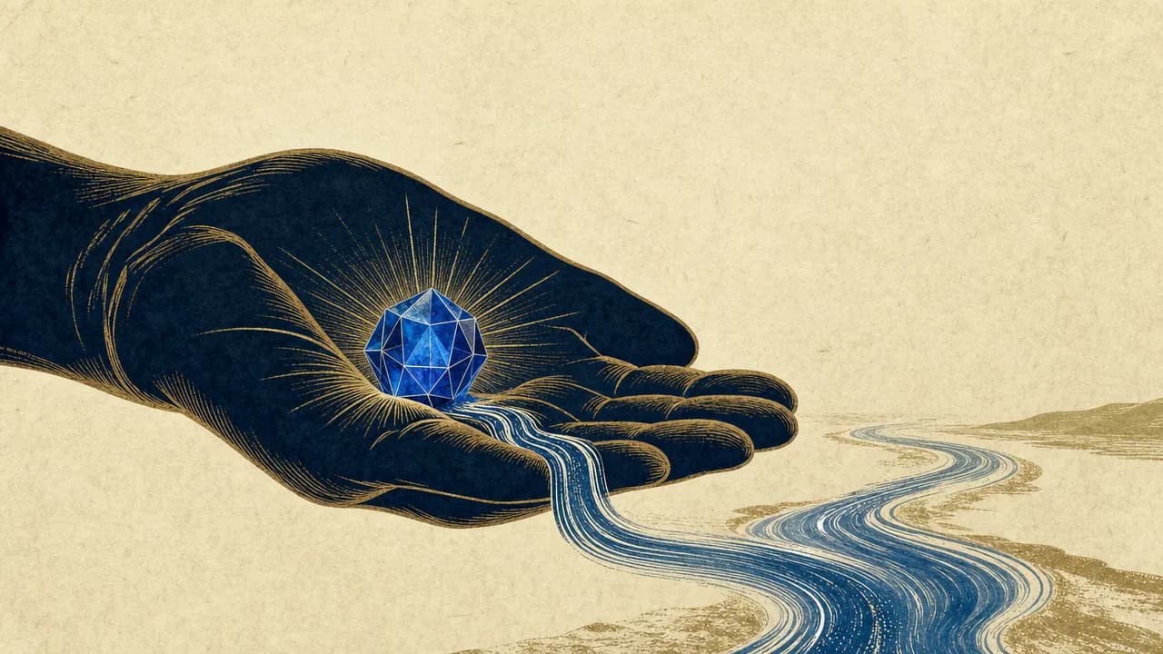 A minimalist engraving of an open hand in deep indigo holding a single sapphire gemstone from which a stream of water flows against a parchment background.