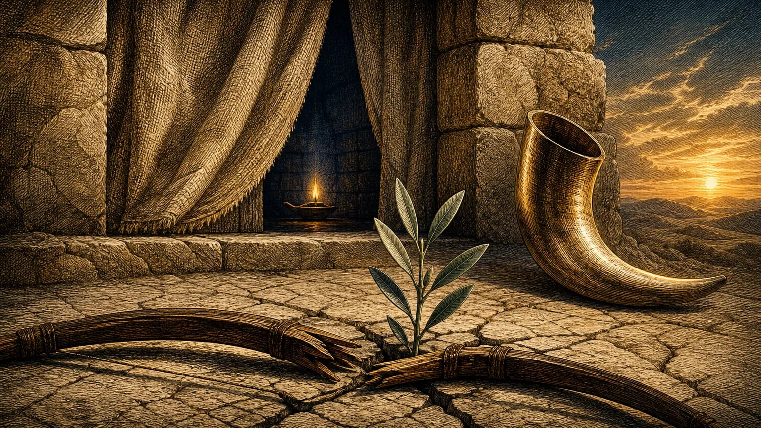 A shattered wooden bow lies on arid stone beside an upright glowing horn and a budding olive shoot before a sanctuary threshold.