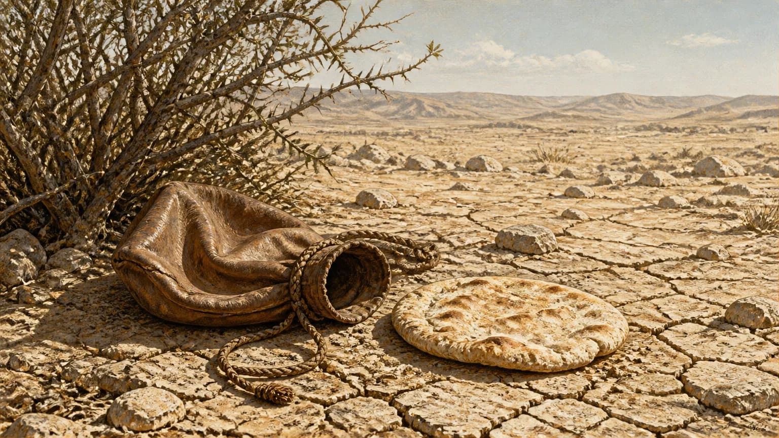 An empty leather waterskin and a flat loaf of bread resting on dry earth beneath a small desert shrub.