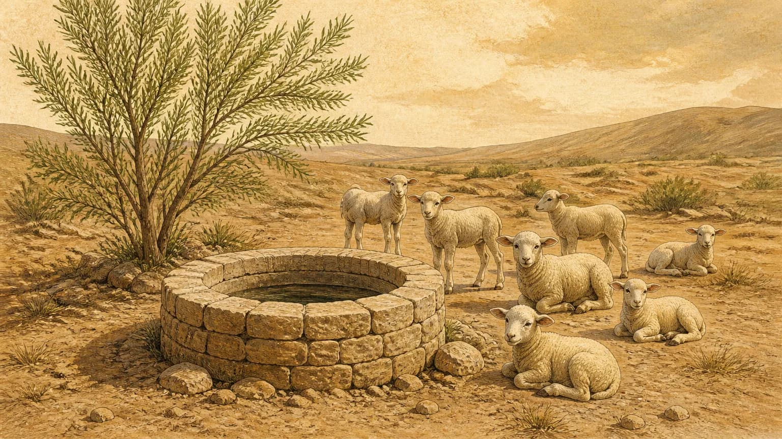 A circular stone well and a planted tamarisk tree in an arid landscape with seven ewes resting nearby.