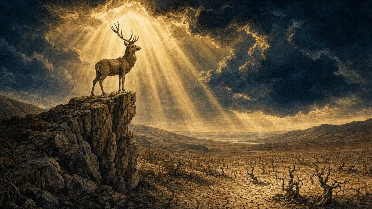 An editorial illustration of a solitary deer standing sure-footed on a steep, rocky cliffside overlooking a barren, cracked valley under a dramatic sky where golden light breaks through dark blue clouds.