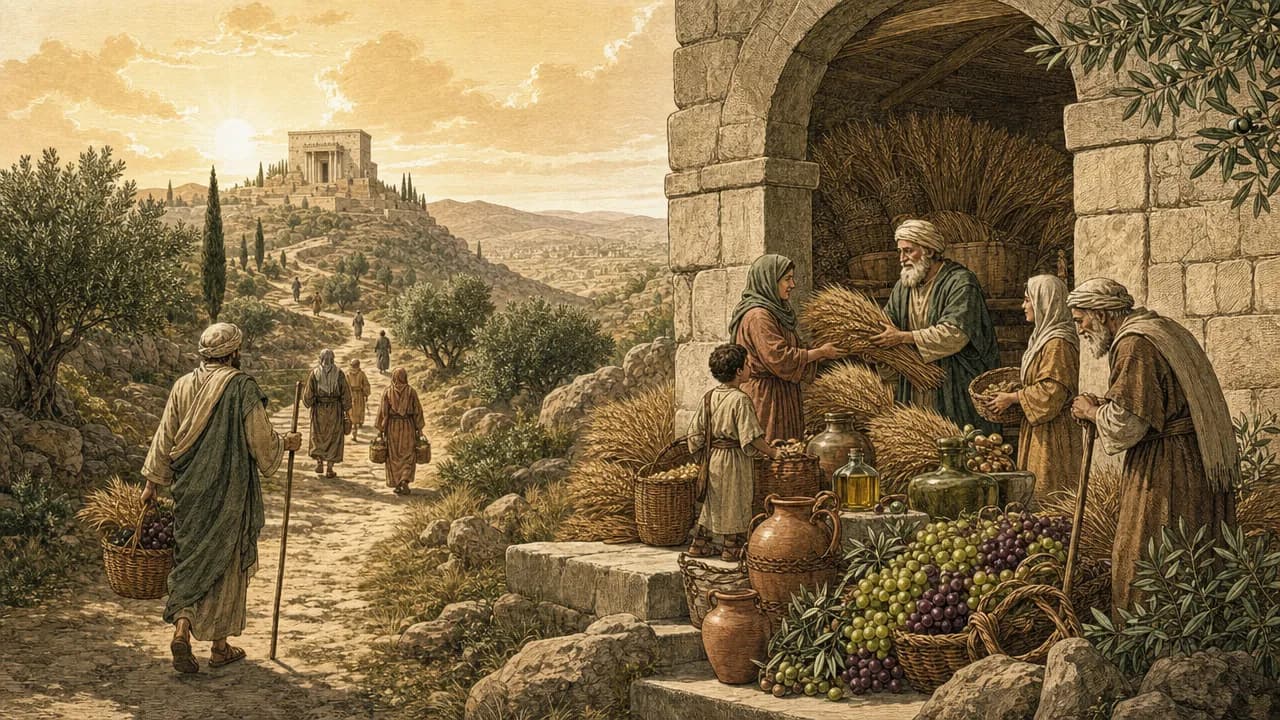 A split-scene illustration showing a path winding toward a distant sanctuary on a hill, contrasted with an open village storehouse filled with grain, grapes, and olive oil.
