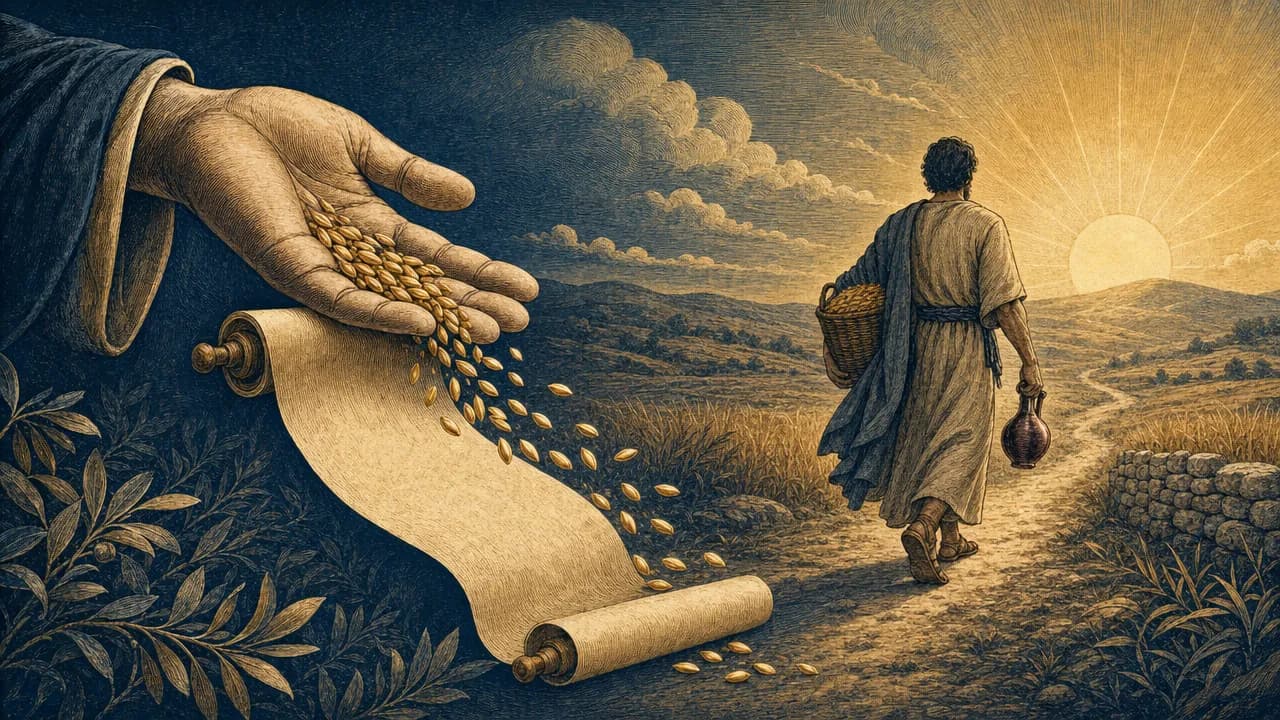 An open hand releasing seeds and a blank scroll, with a figure carrying a basket of grain walking toward a rising sun in the background.