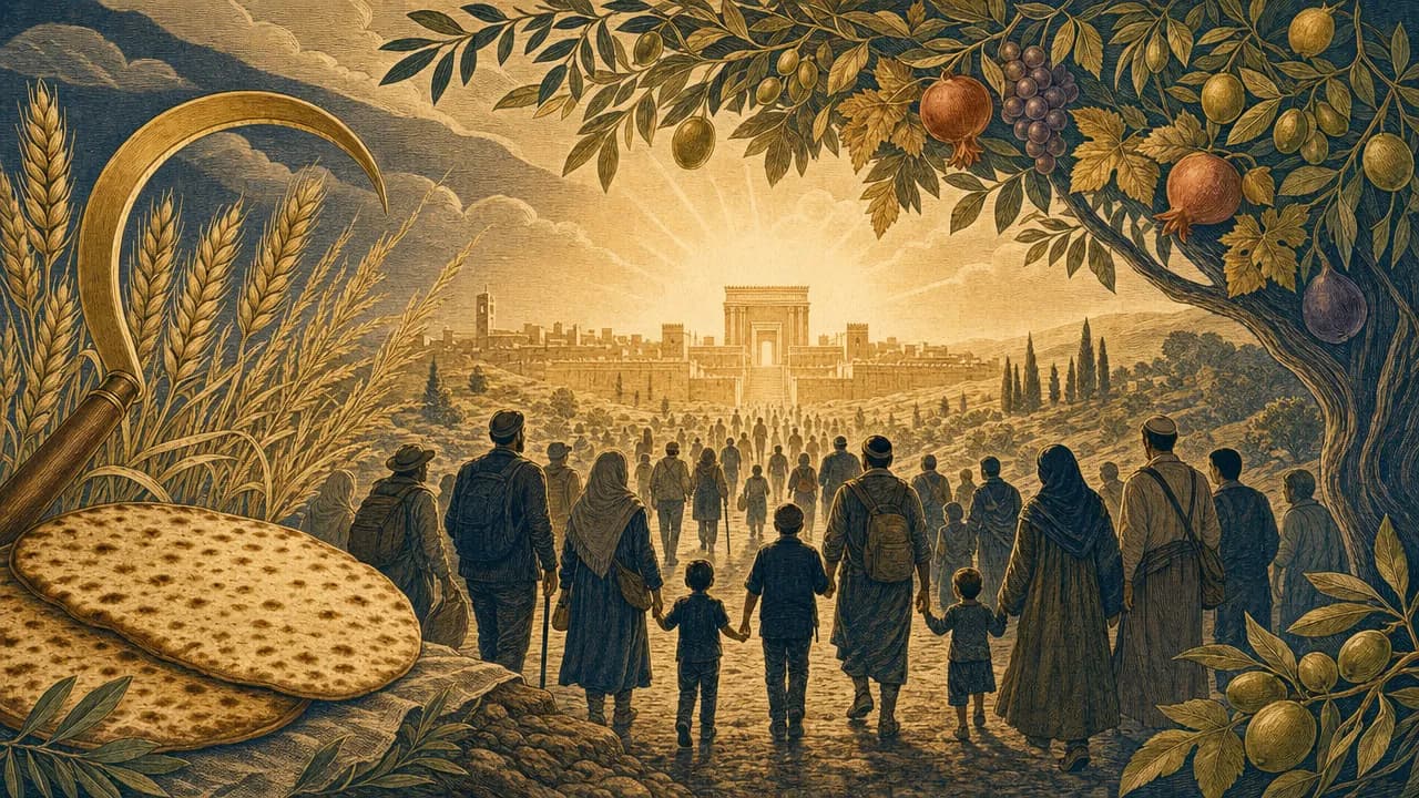A symbolic composition featuring matzah, a sickle in grain, and a leafy harvest canopy, with silhouettes of diverse people walking toward a warm central light.