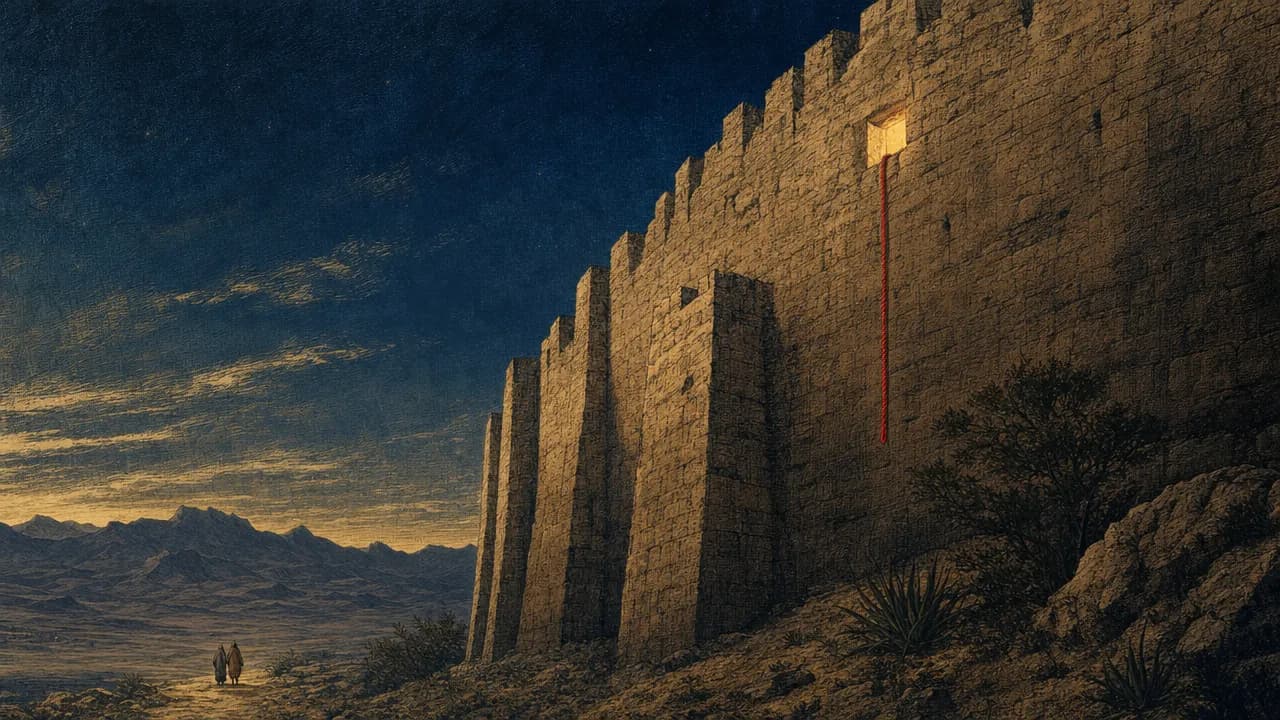 An editorial illustration of a massive stone wall under a dark blue night sky, with a single golden-lit window from which a bright red cord hangs down, while two small silhouettes walk toward distant mountains.