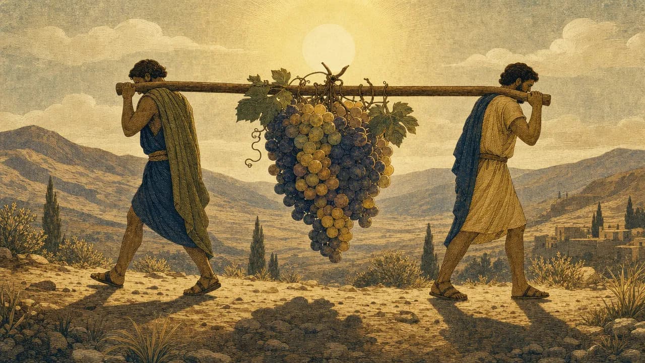 An editorial illustration of two figures carrying a giant cluster of grapes on a pole across a desert landscape, rendered in an engraving style with warm earth tones.