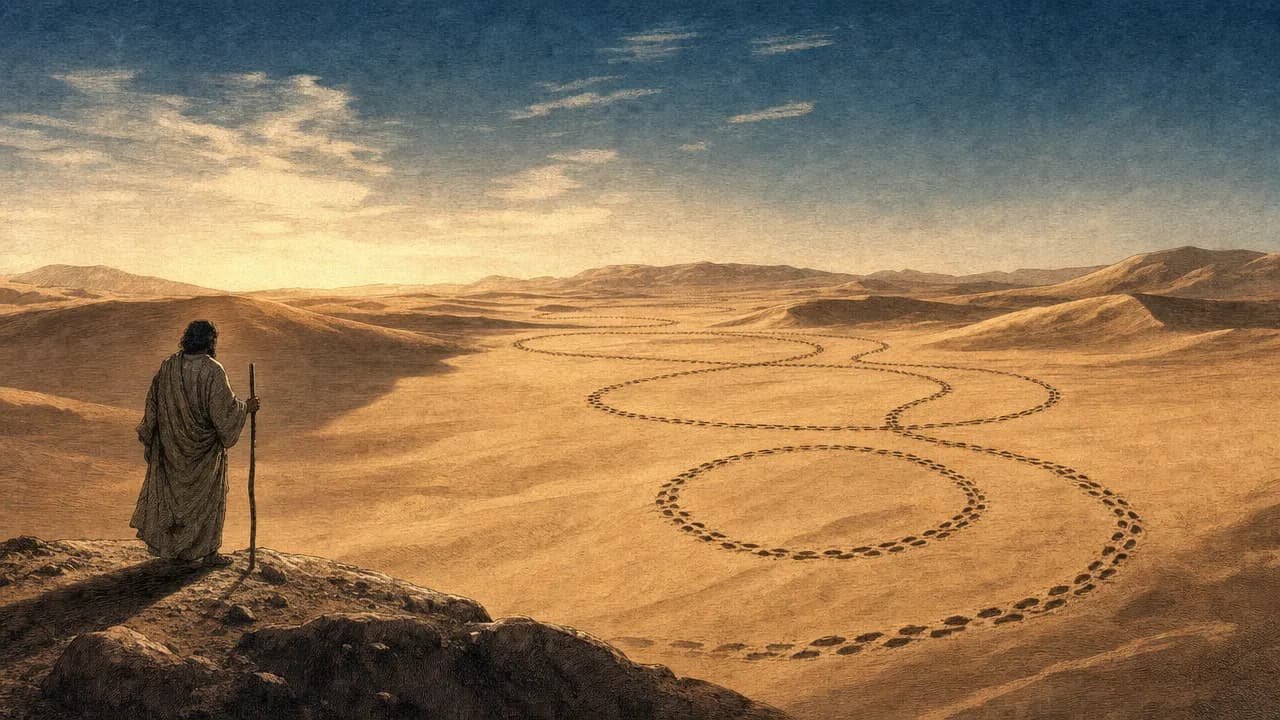 An editorial illustration showing a vast desert with a circular, looping path of footprints in the sand under a quiet, deep blue sky.