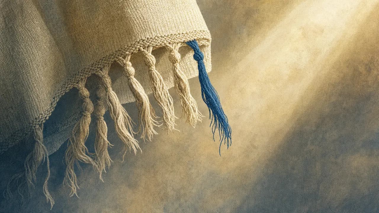 An editorial illustration of the corner of a woven white garment with fringes, highlighting a single deep blue thread under soft light.